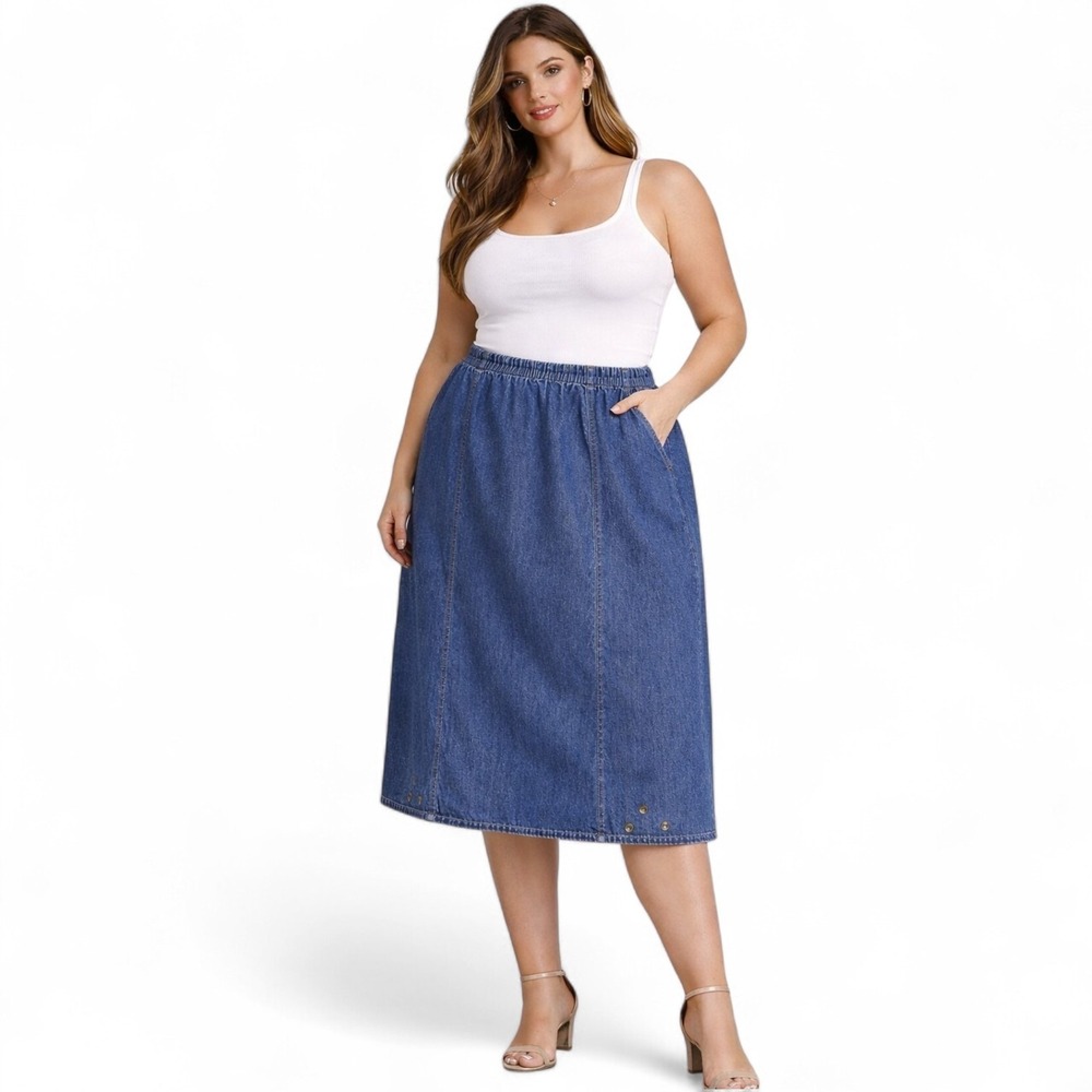 Ulla Popken Denim Maxi Skirt Plus Size 28/30 Medium Wash Pull On Pockets
